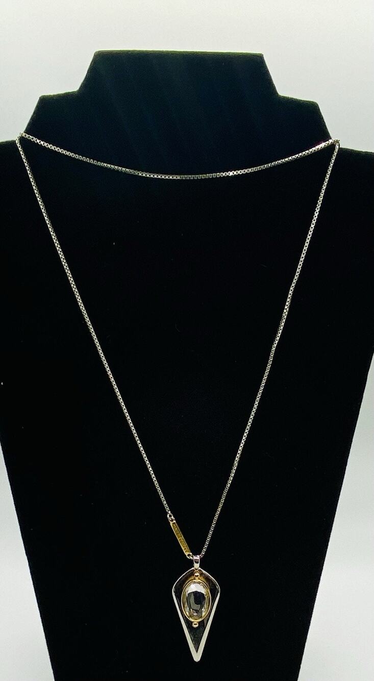 Henri Bendel Pendent Necklace Geometric Pendant Silver Tone Box Chain 30+ Inches